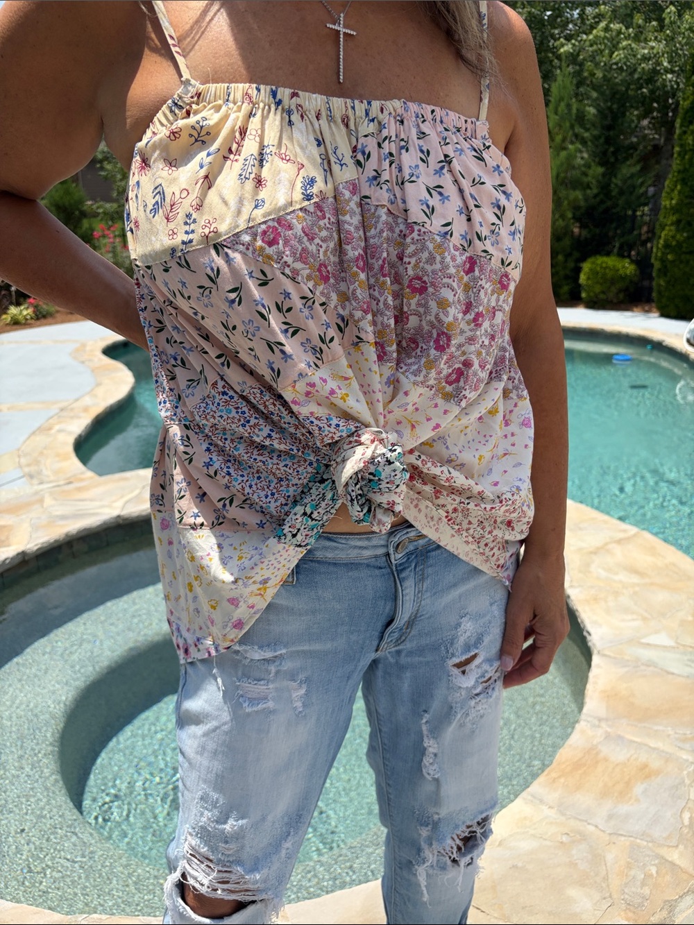 Patchwork Floral Tie-Front Camisole - Pink & Cream